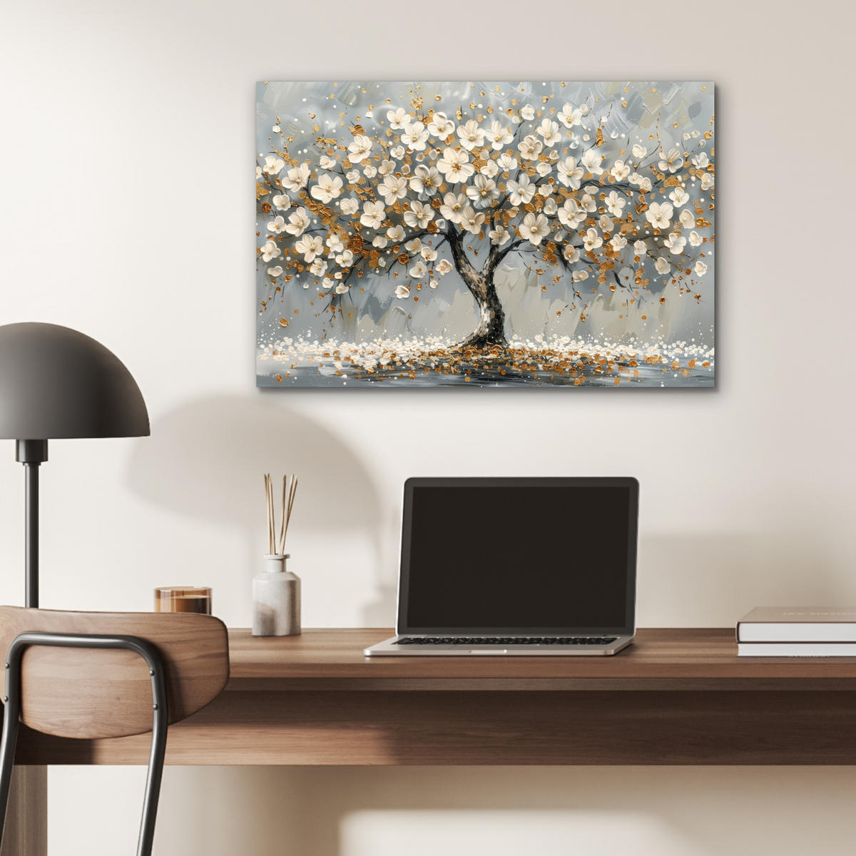 METALLBILD Baum - Blumen - Weiß - Natur - Kunst 60x40 cm - Weiß, Metall (60/40cm) - MuchoWow