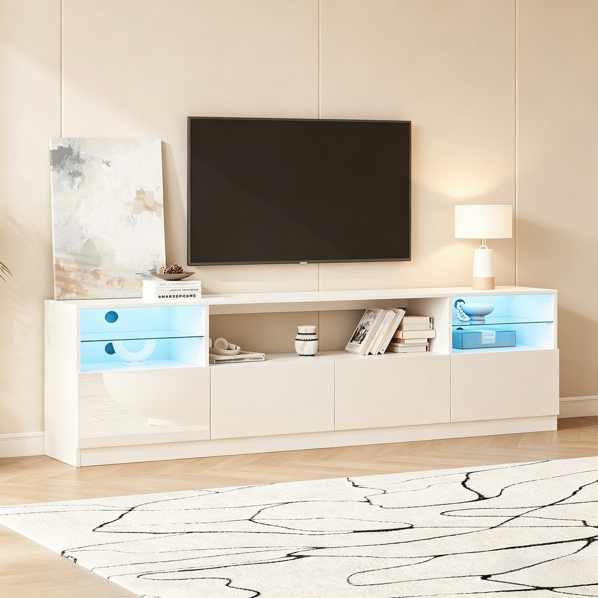 TV-ELEMENT180X35X60CM Weiß Hochglanz mit LED-Beleuchtung für 75-Zoll-TV - Weiß, Holz (46.99/22.5/72.01cm) - Raelunyi