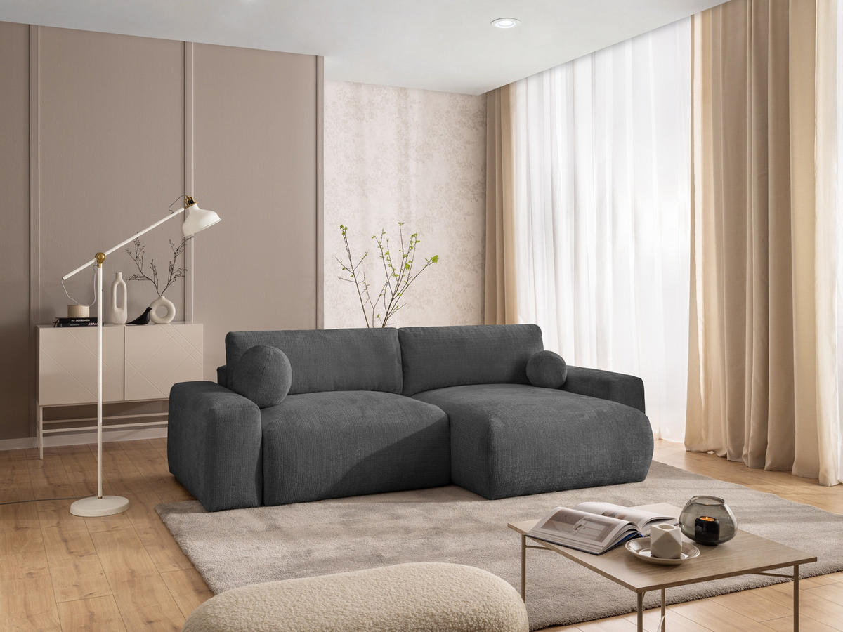 ECKSOFA Puffy mit Schlaffunktion und Bettkasten - besonders weich und puffig aus Grau Chenille-Stoff - Ottomane rechts - Schwarz/Grau, Holz/Kunststoff (266/138cm) - S-Style Möbel