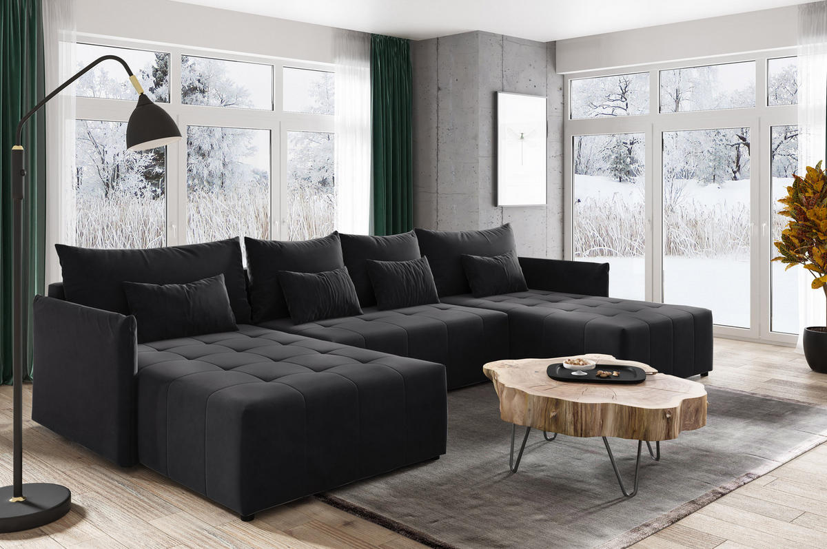 WOHNLANDSCHAFT Leno U - Schwarz, Holz/Textil (365/80/180cm) - Sofnet
