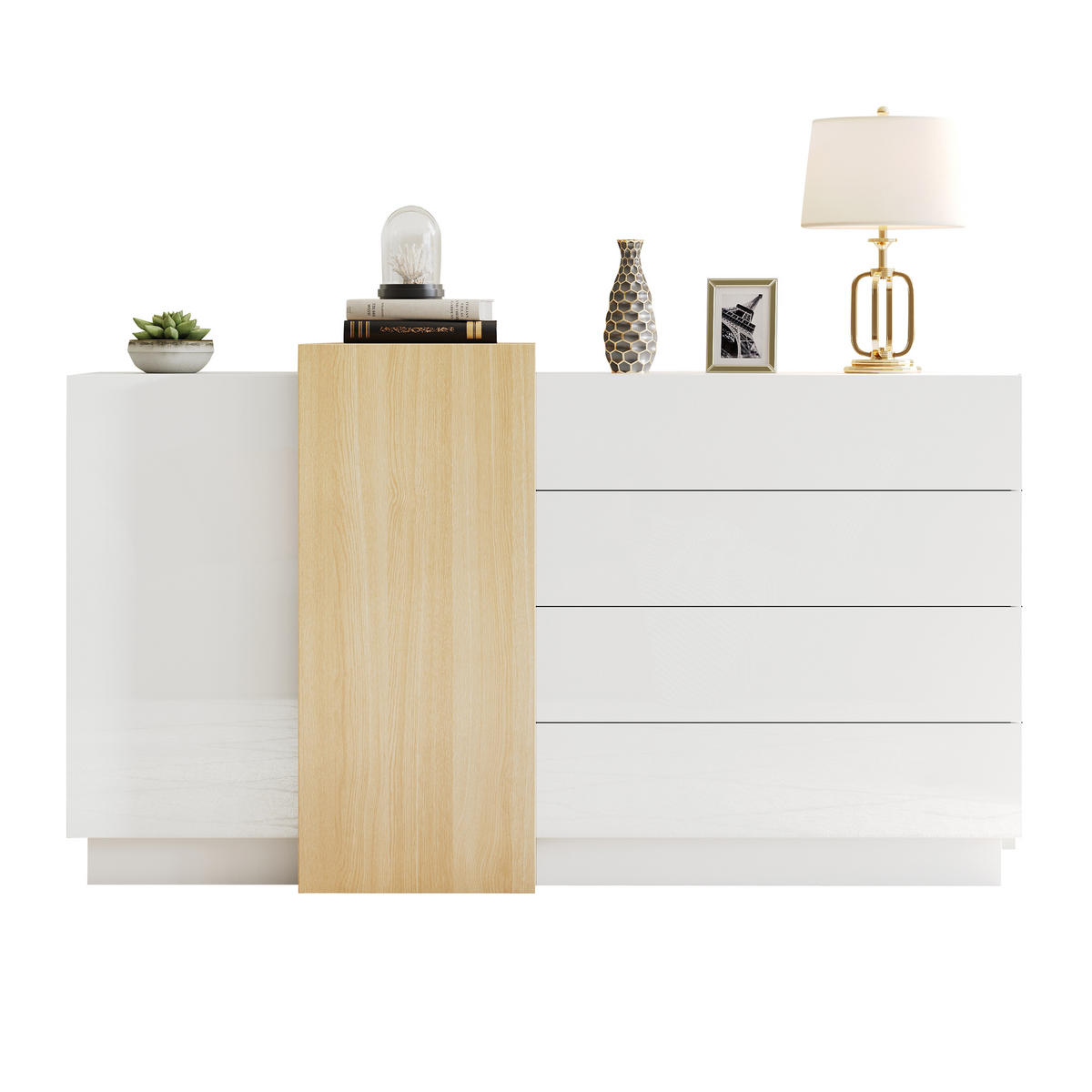 SIDEBOARD Weißes Hochglanz mit Push-Rebound-System und horizontaler Eichendekorleiste 140 × 35 × 76,5 cm - Weiß, Holzwerkstoff (140/76.5/35cm) - Luhomfu