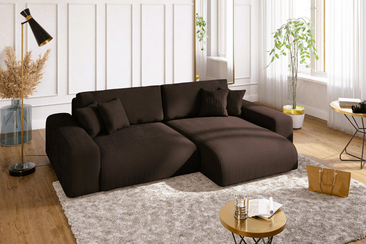 ECKSOFA mit Schlaffunktion und Bettkasten 255/165/84 cm, Wellenfedern, Ottomane beidseitig montierbar, Cord in Dunkel-Braun / 21003 - Dunkelbraun/Schwarz, Kunststoff/Textil (255/165cm) - luma-home