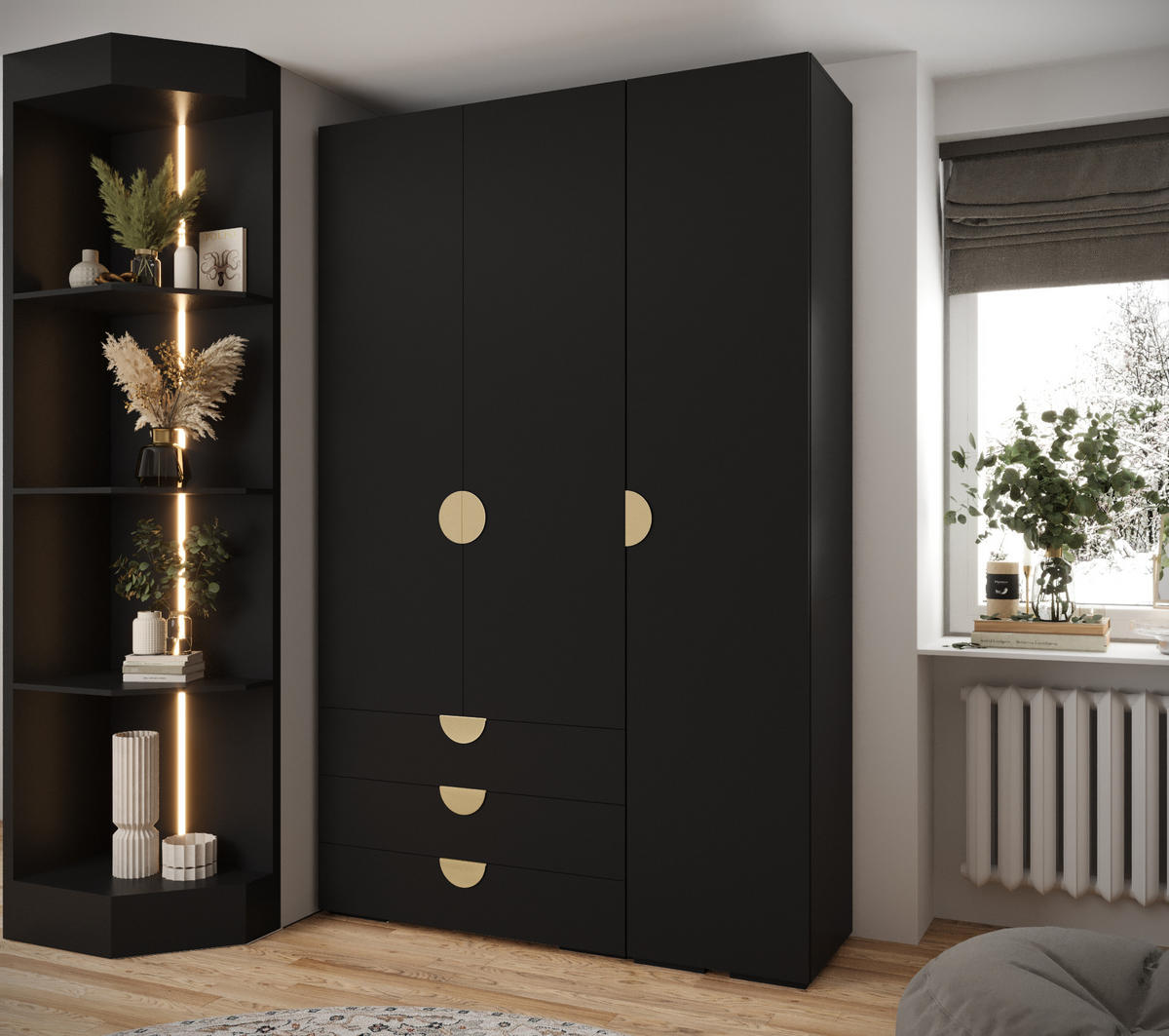 GARDEROBEN-SET 236,7/150/47 - Goldfarben/Schwarz, Holz/Kunststoff (150/236.7/47cm) - Abiks Möbel