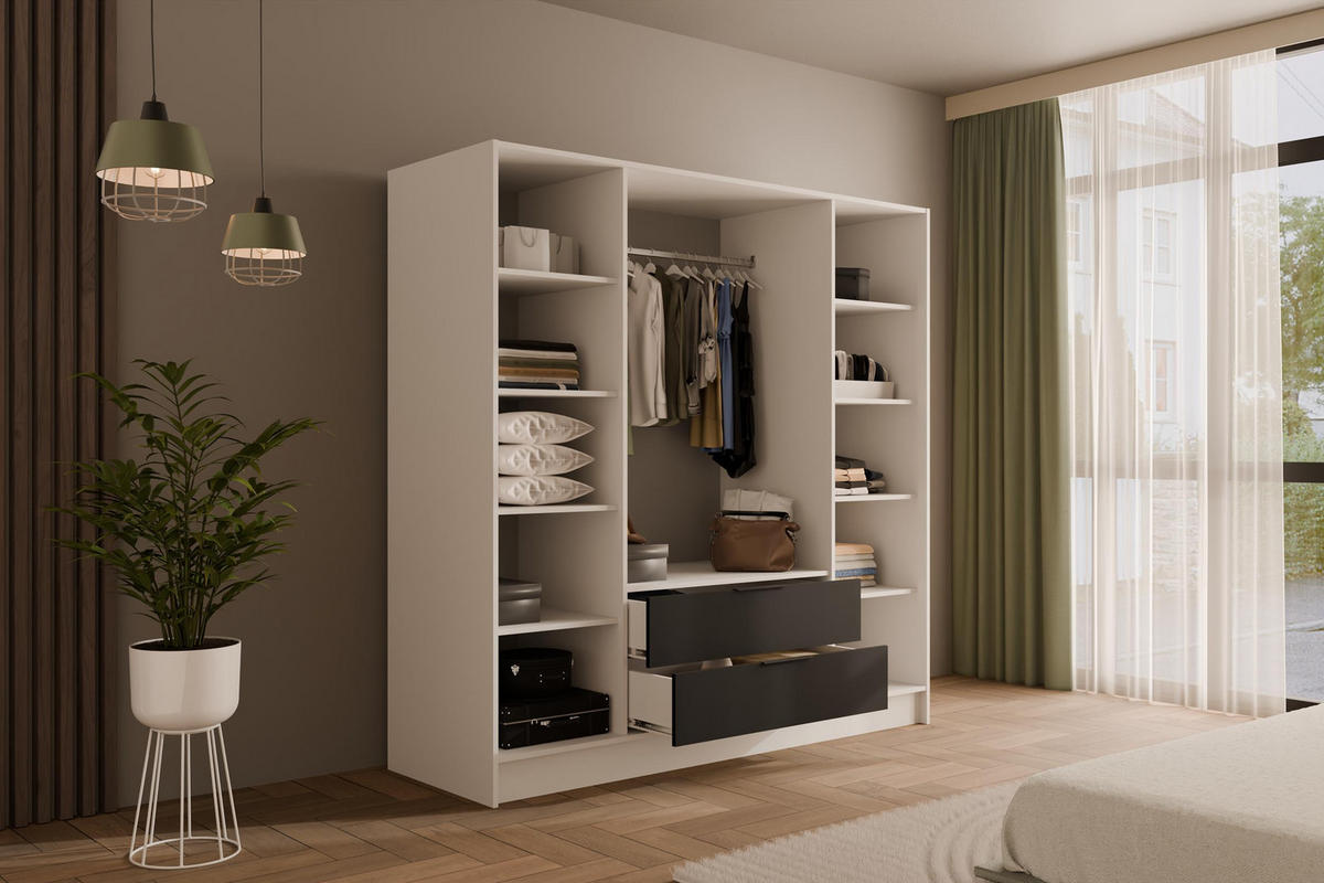 KLEIDERSCHRANK NELIA - 200 cm - Schwarz/Weiß, Holzwerkstoff (200/200/51cm) - ALTDECOR