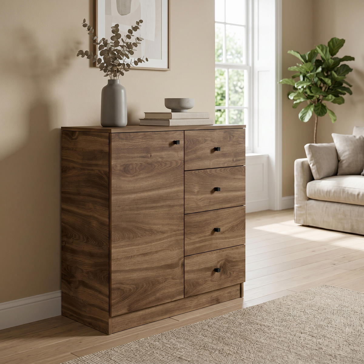 KOMMODE NESTOS 80/87/40cm mit 4 Schubladen 1 Türen Braun - Braun, Holzwerkstoff (80/87/40cm) - MASSENO