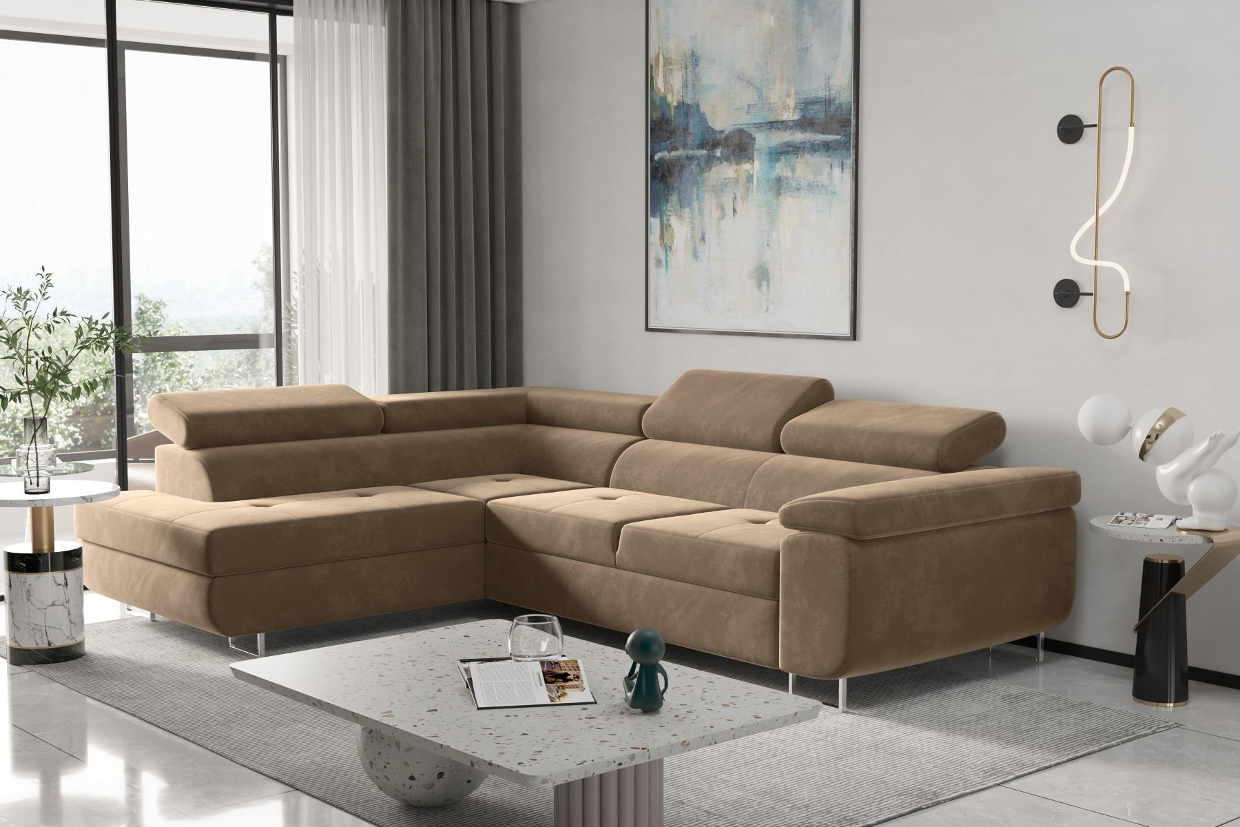 ECKSOFA mit Schlaffunktion und Bettkasten ATOM Hellbraun Links - Hellbraun, Holz/Textil (202/275cm) - Kaiser Möbel