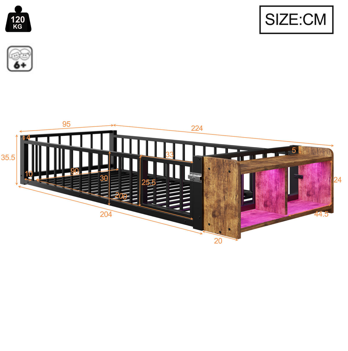 KINDERBETT 90/200 cm Schwarz aus Metall und MDF mit Schutzgeländer und Stauraum - Schwarz, Metall (90/200cm) - OKMYHOME