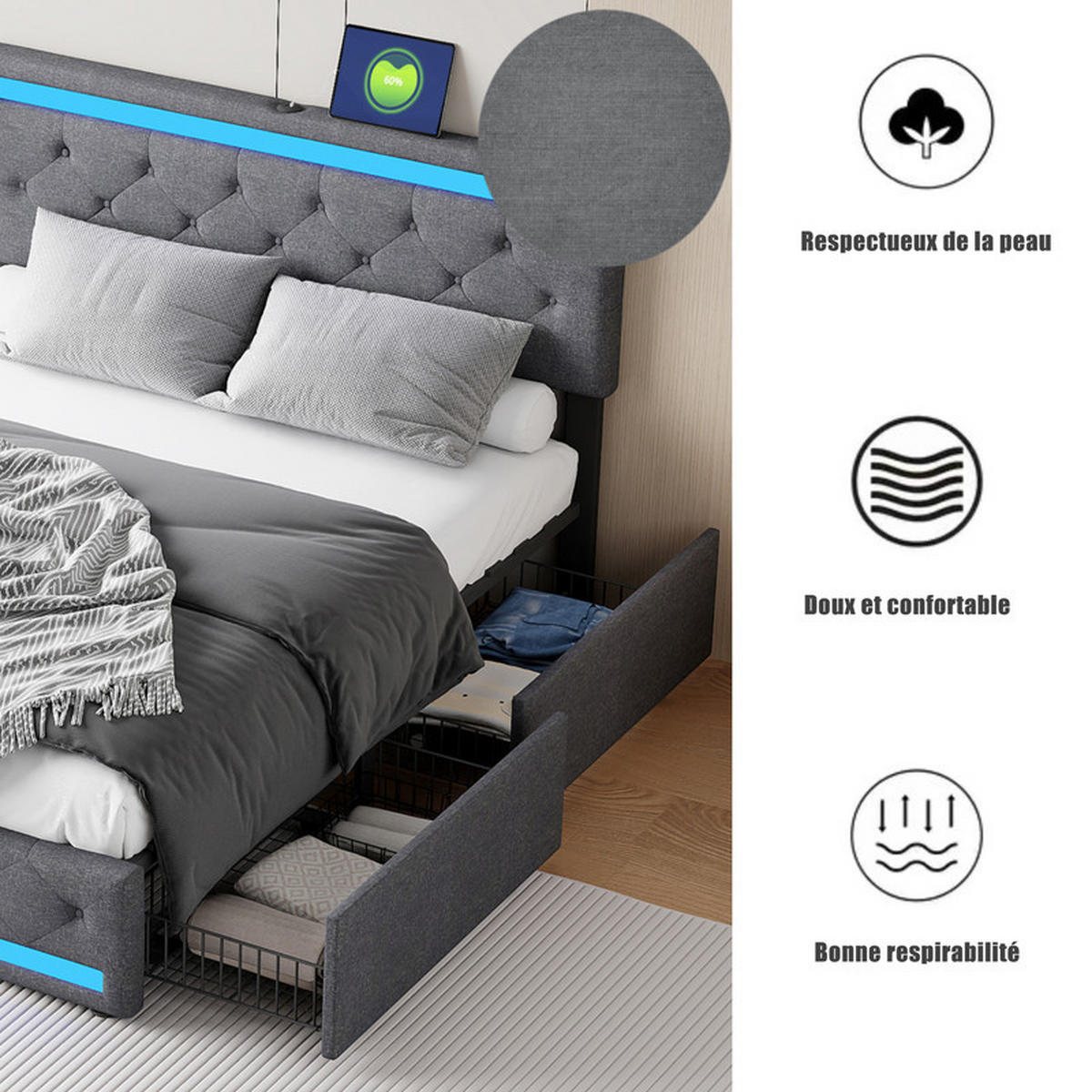 POLSTERBETT 140x200 cm, Leinen Dunkelgrau, Mit 4 Eisen-Schubladen LED Leuchten Lange USB Type-C Ladeanschluss - Dunkelgrau, Holz (140/200cm) - WoodenAura