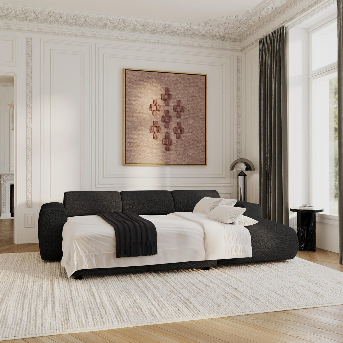 ECKSCHLAFSOFA Bouclé-Stoff Schwarz 283cm - Schwarz, Textil (283/180cm) - Sia Home