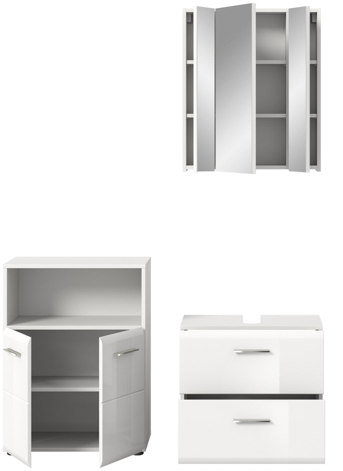 BADMÖBEL-SET weiß Hochglanz 3-teilig 135 cm, Badmöbel mit viel Stauraum - Weiß Hochglanz/Silberfarben, Glas/Holzwerkstoff (135/185/30cm) - Inn.Furn