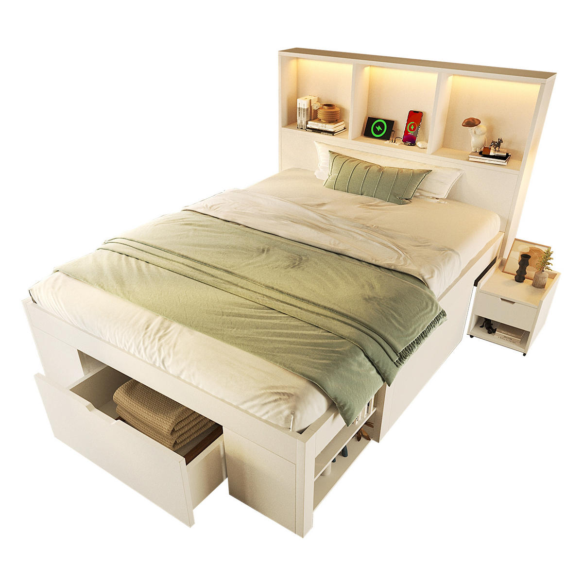 KINDERBETT 90/200 cm DE-00752, in Weiß, Nachttisch - Weiß, Holz (90/200cm) - ComfortXL