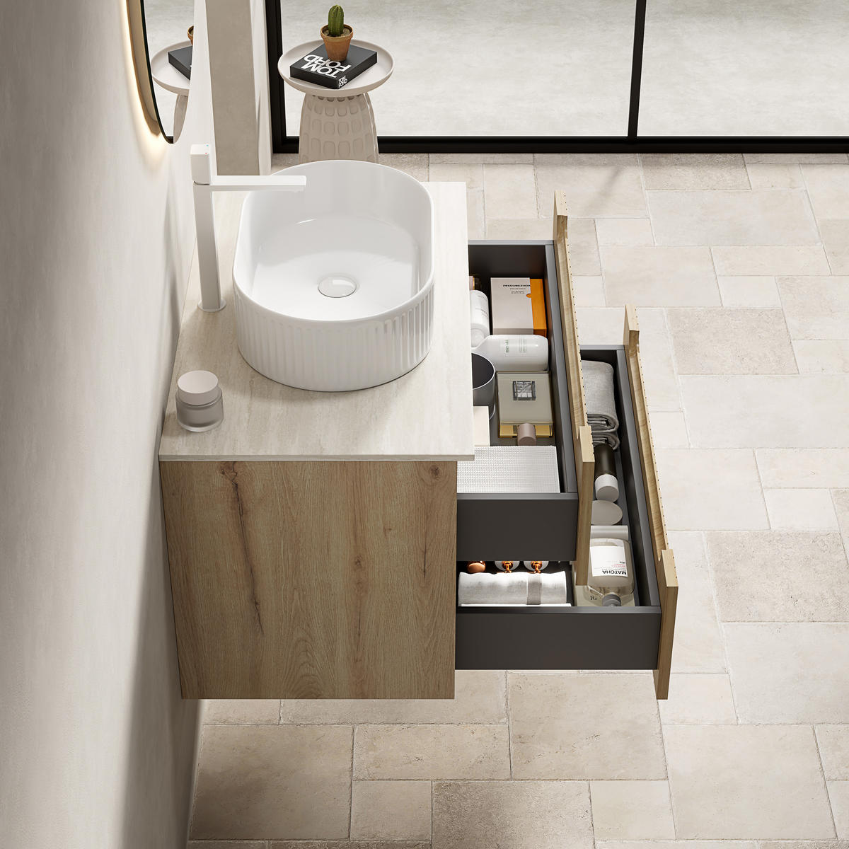 WASCHTISCHUNTERSCHRANK 80x46x62.2cm Weiß/Eiche mit ovalem Keramikbecken & 2 Schubladen - Eichefarben, Keramik (80/62.2/46cm) - Modfu