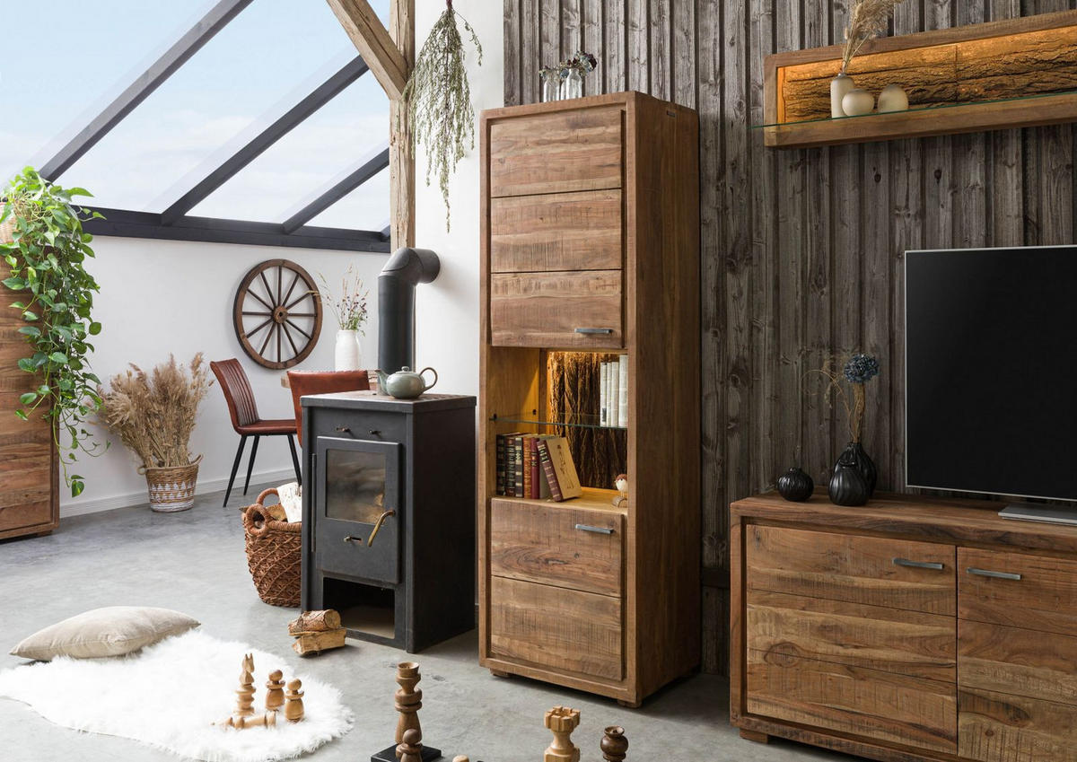 VITRINE Akazie 58x40x180 natur lackiert BARK #102 - Braun, Holzwerkstoff (58/180/40cm) - Massivmoebel24