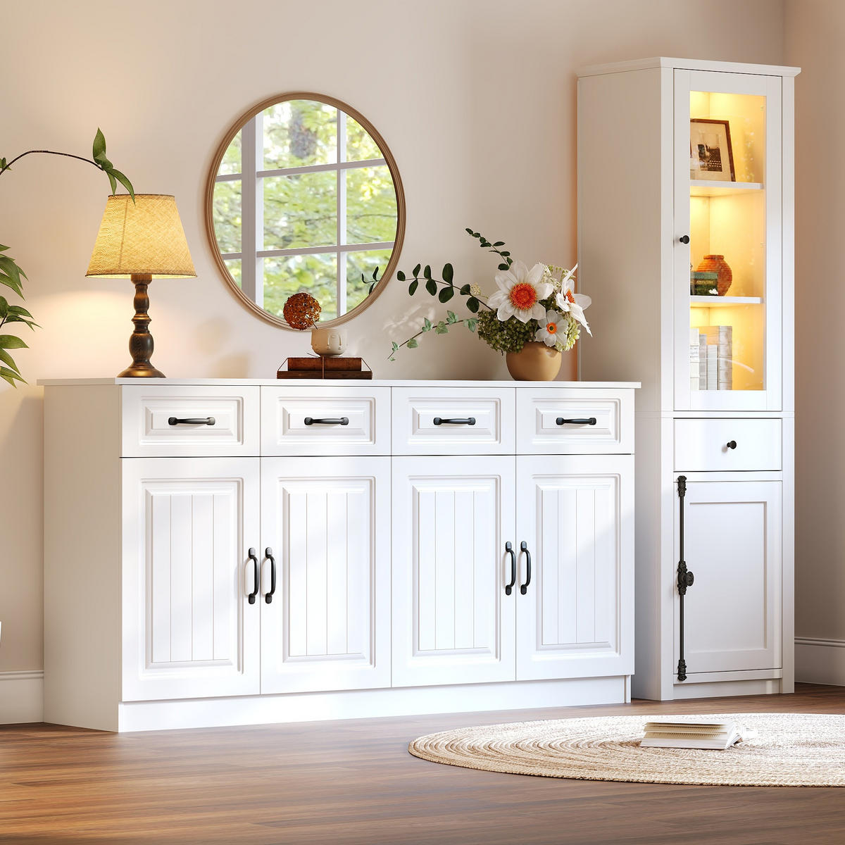 SCHRANK SET 2teilig Vitrine Weiß MDF Aufbewahrungsschrank - Weiß, Holzwerkstoff (160/80/35cm) - FLIEKS