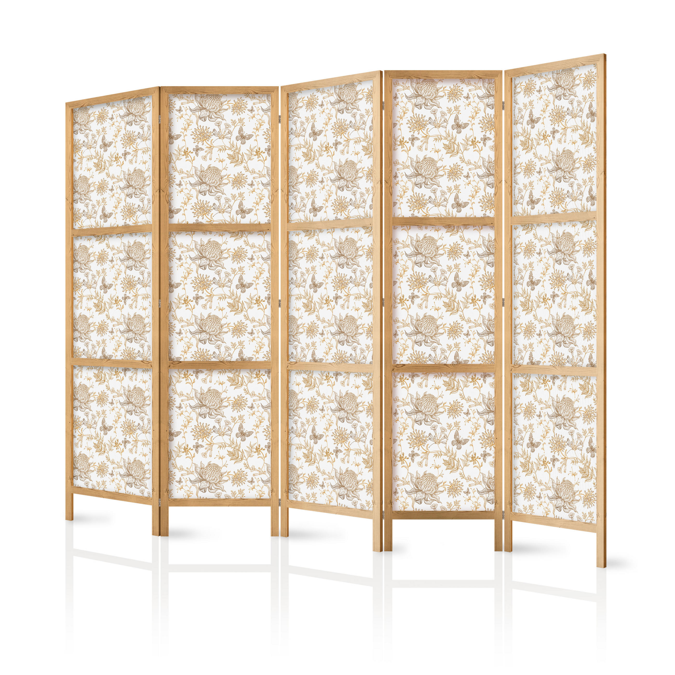 PARAVENT Japanischer 5-tlg 225x172 cm Beige Blumen - Beige, Holz/Textil (225/172/3cm) - Muralo