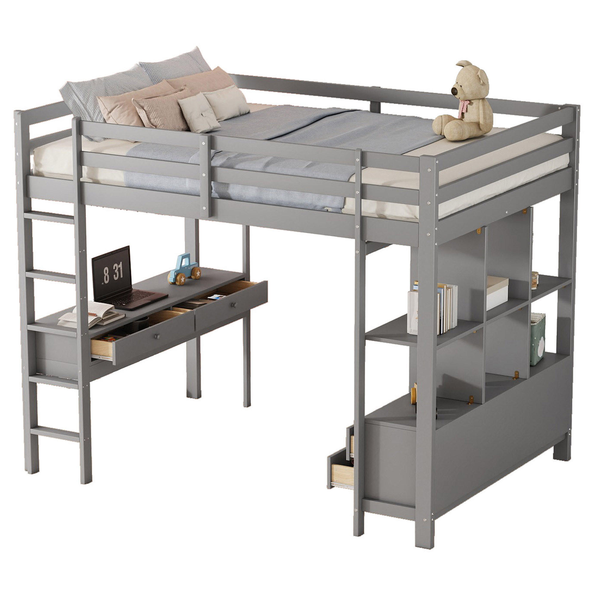 HOCHBETT 140/200 cm grau mit Stauraumschubladen und Unterbettschreibtisch - Grau, Holz (140/200cm) - OKWISH