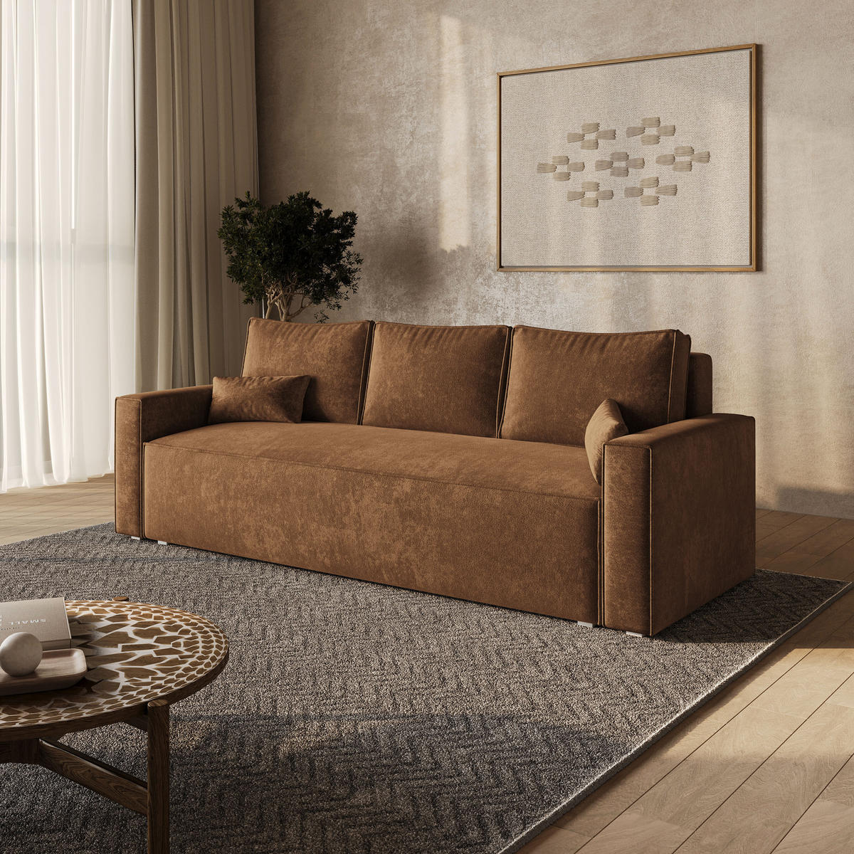 BETTSOFA MENI LM Hellbraun Chenille-Stoff mit Schlaffunktion - Hellbraun, Textil (232/85/87cm) - MASSENO