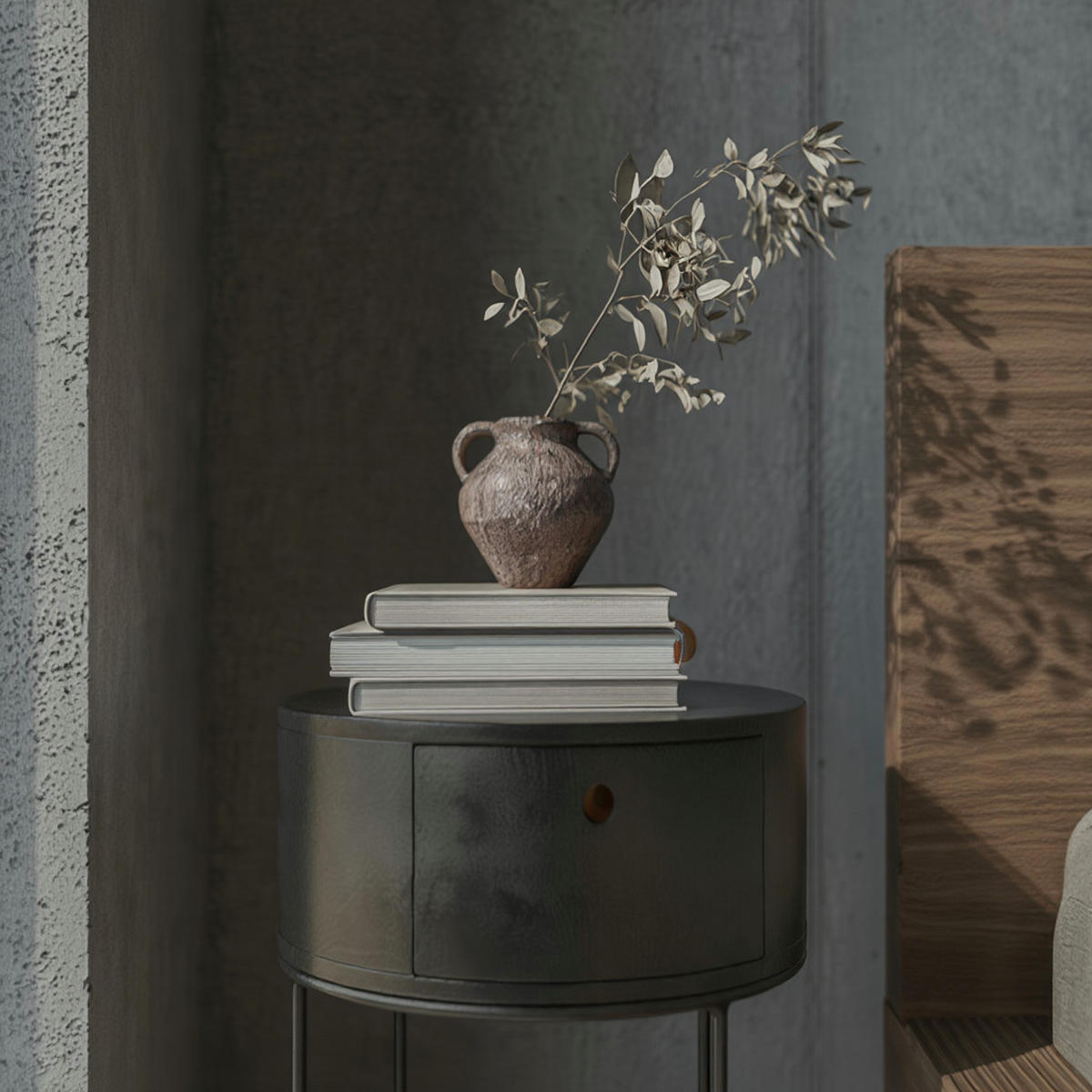 NACHTTISCH Mango Massivholz Metall Rund Schublade Stauraum, Schwarz 40x40x60 cm - Schwarz, Holz/Metall (40/60/40cm) - KADIMA DESIGN