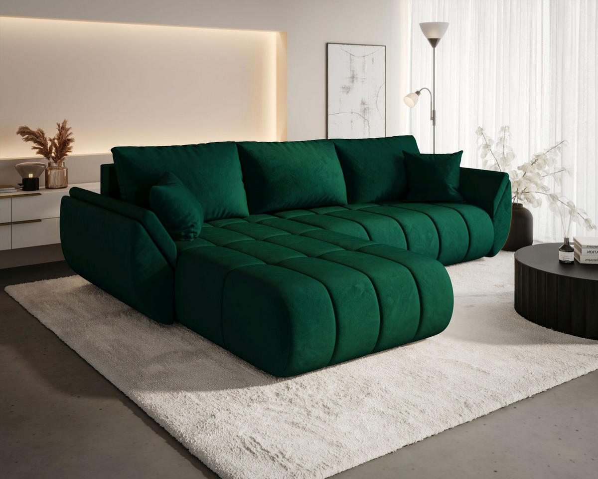 ROHOVÁ pohovka SYDNEY PREMIUM levá zelená samet Monolith 37 - funkce spaní, úložný prostor - zelená barva, textil (280/184cm) - Cornero