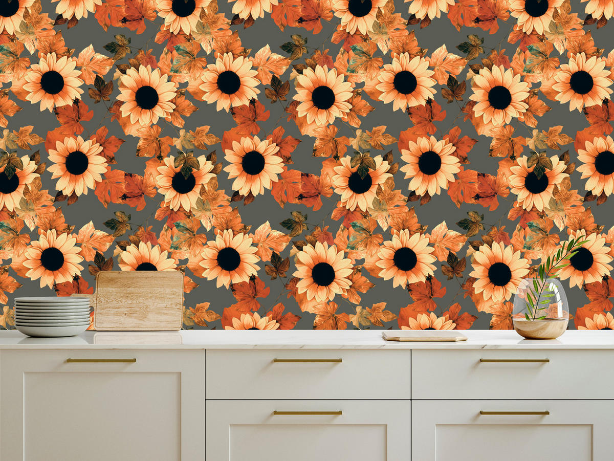 VLIESTAPETE Vintage-Sonnenblumen – Gelb, Orange, Grau – 50x1000 cm - Gelb/Orange, Papier (50/1000cm) - Muralo