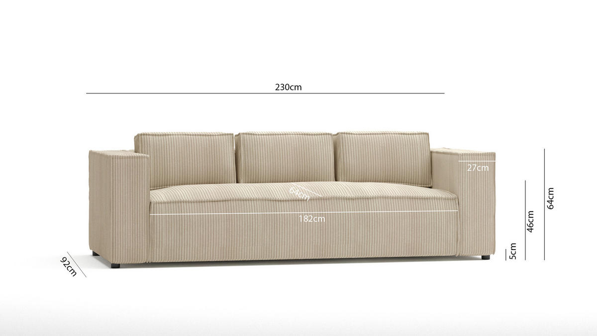 3-SITZER-SOFA Nova Beige Cord - Beige/Schwarz, Holz/Kunststoff (230/64/92cm) - S-Style Möbel