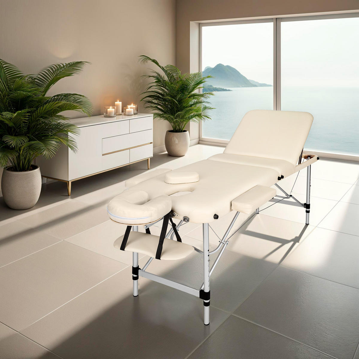MASSAGELIEGE 3 Zonen, 210 x 95 x 89 cm,beige - Beige, Metall (95/89/210cm) - tectake