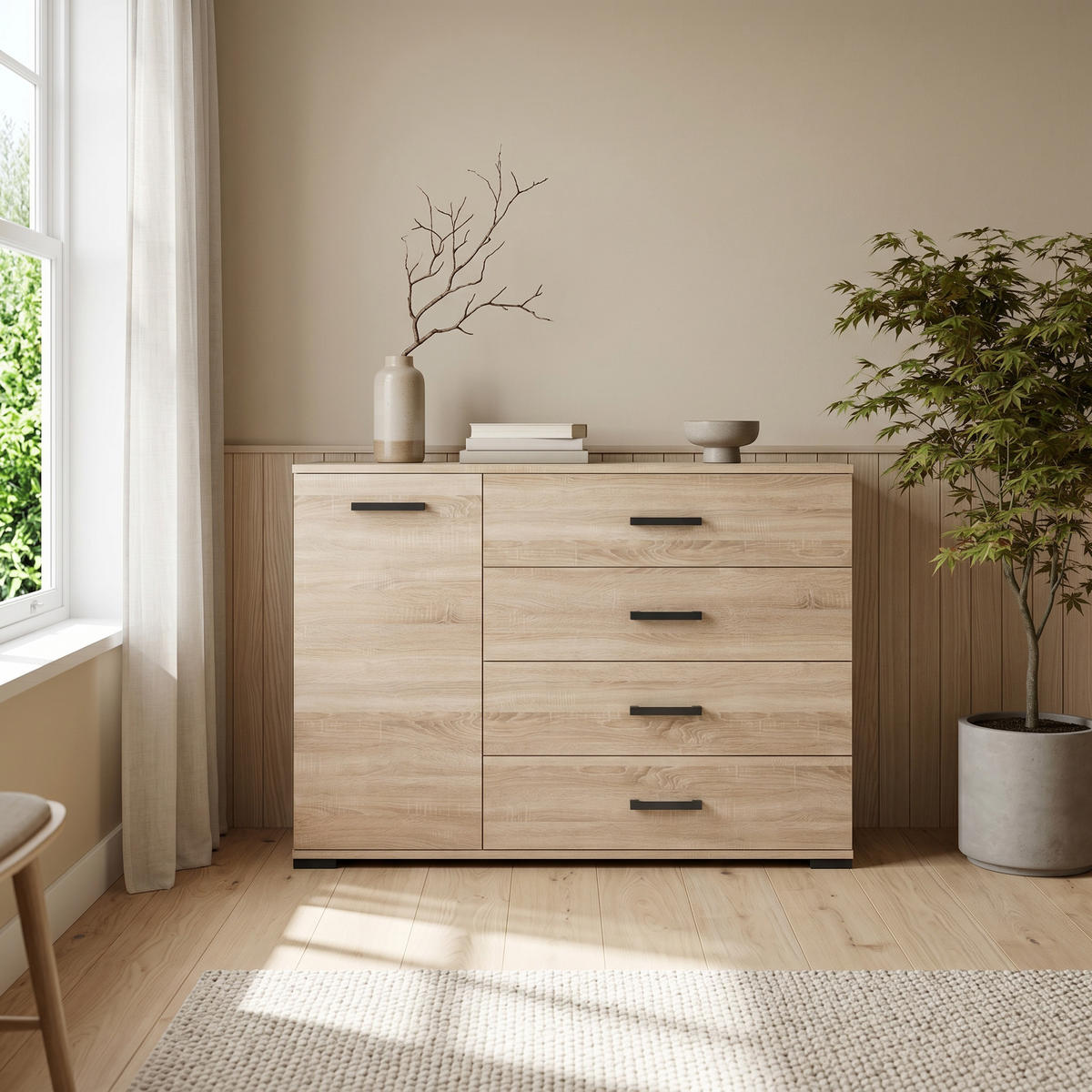 KOMMODE ALBANO 120/83/40cm mit 4 Schubladen 1 Türen Sonoma Eiche - Sonoma Eiche, Holzwerkstoff (120/83/40cm) - MASSENO