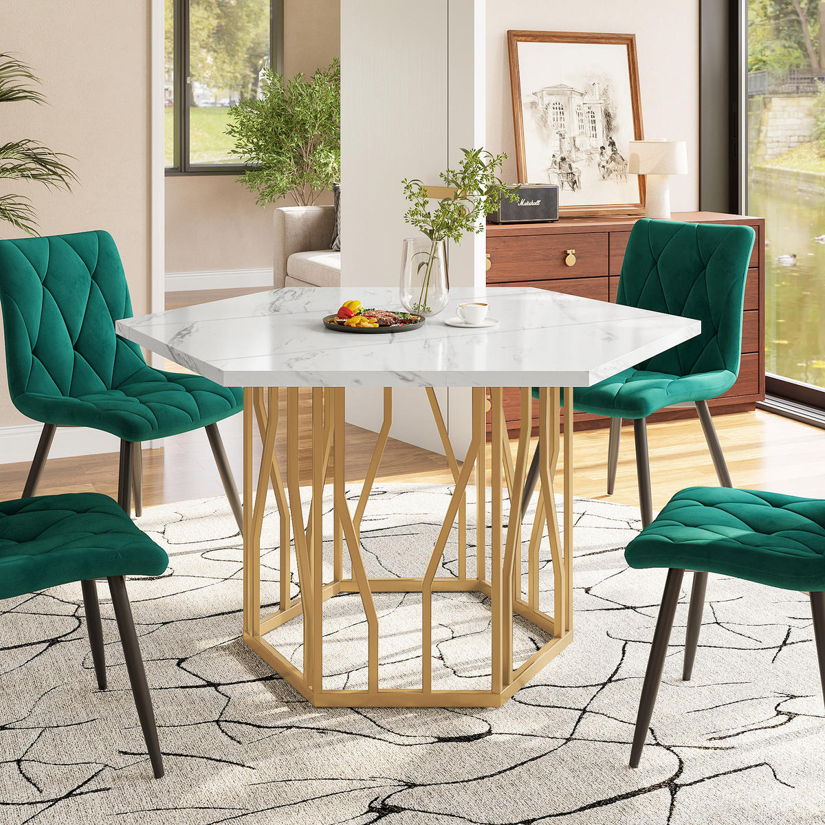 ESSTISCH 115,5/100 cm sechseckig mit Marmormuster und goldenem Metallgestell - Weiß, Holzwerkstoff (100/115.5/75cm) - OKWISH