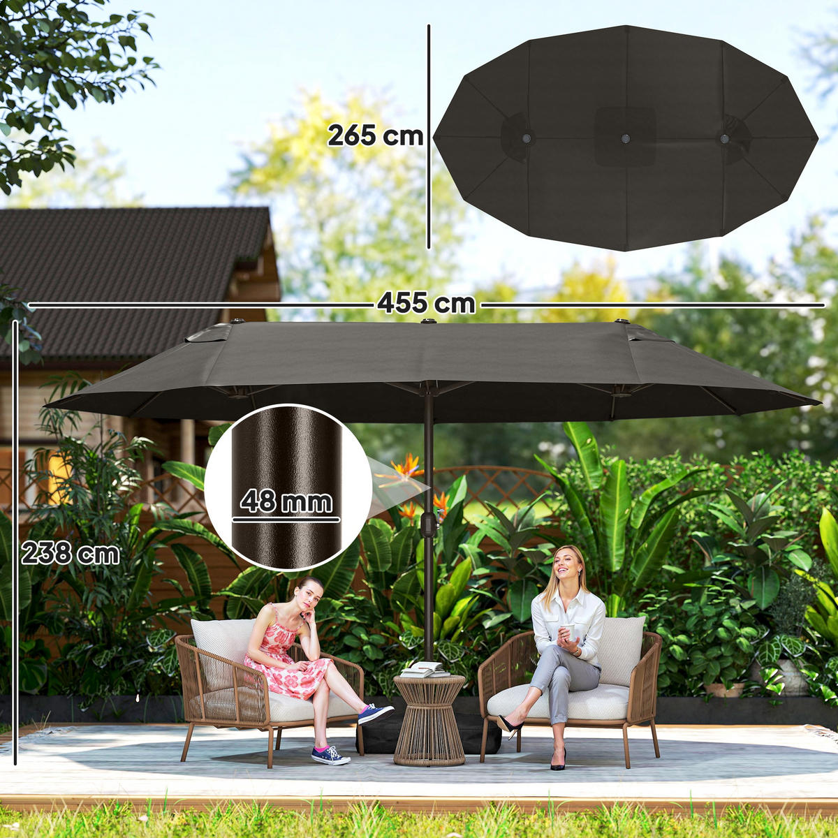 SONNENSCHIRM, Gartenschirm, Marktschirm, Doppelsonnenschirm, Terrassenschirm, Dunkelgrau, Oval - Dunkelgrau, Metall (270/460cm) - Outsunny