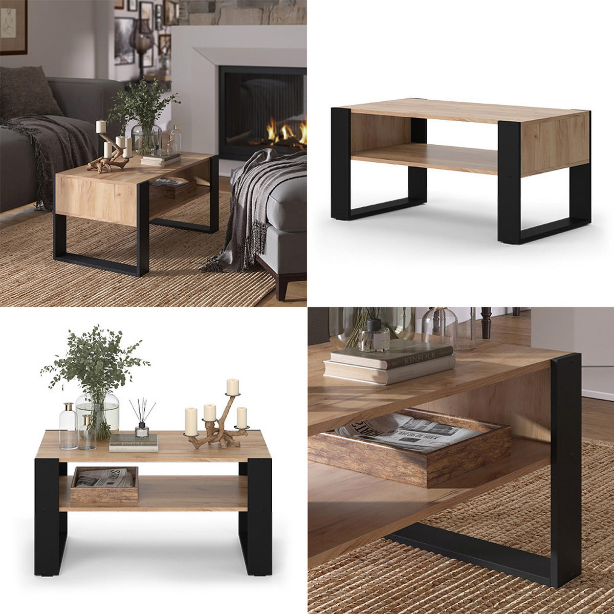 COUCHTISCH Olli Goldkraft Eiche 92 x 52,4 cm mit Ablage - Eiche Wotan/Schwarz, Holzwerkstoff (52.4/92/45.6cm) - Vicco