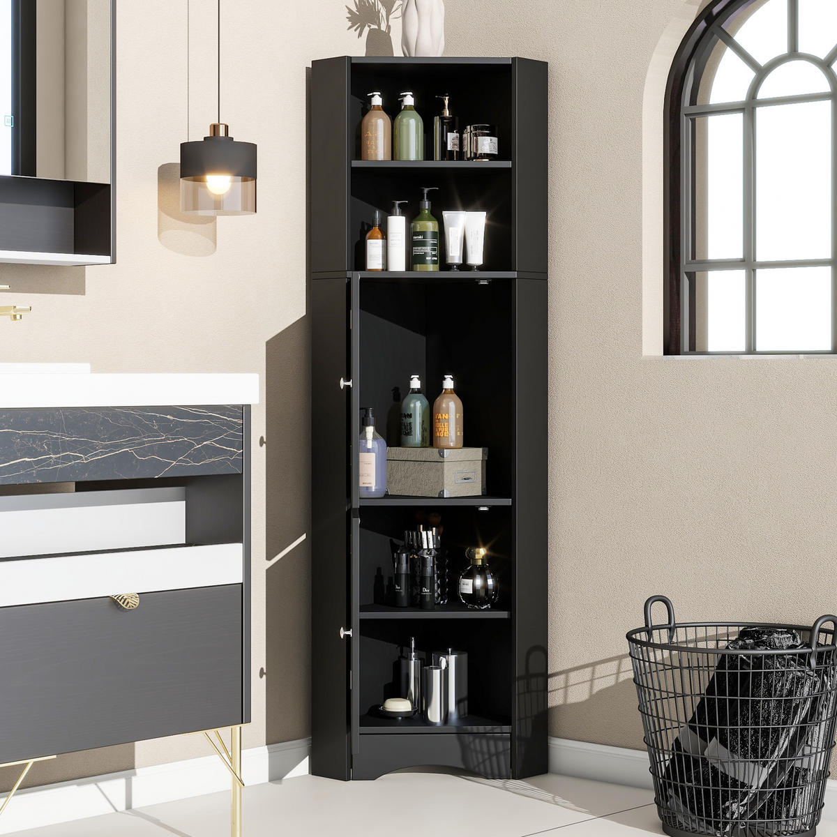BUFFET Moderner Eckschrank minimalistisch Dreiecksdesign kippsicher wasserdicht Stauraum - Schwarz, Holzwerkstoff (36.5/155/36.5cm) - EVRYAE