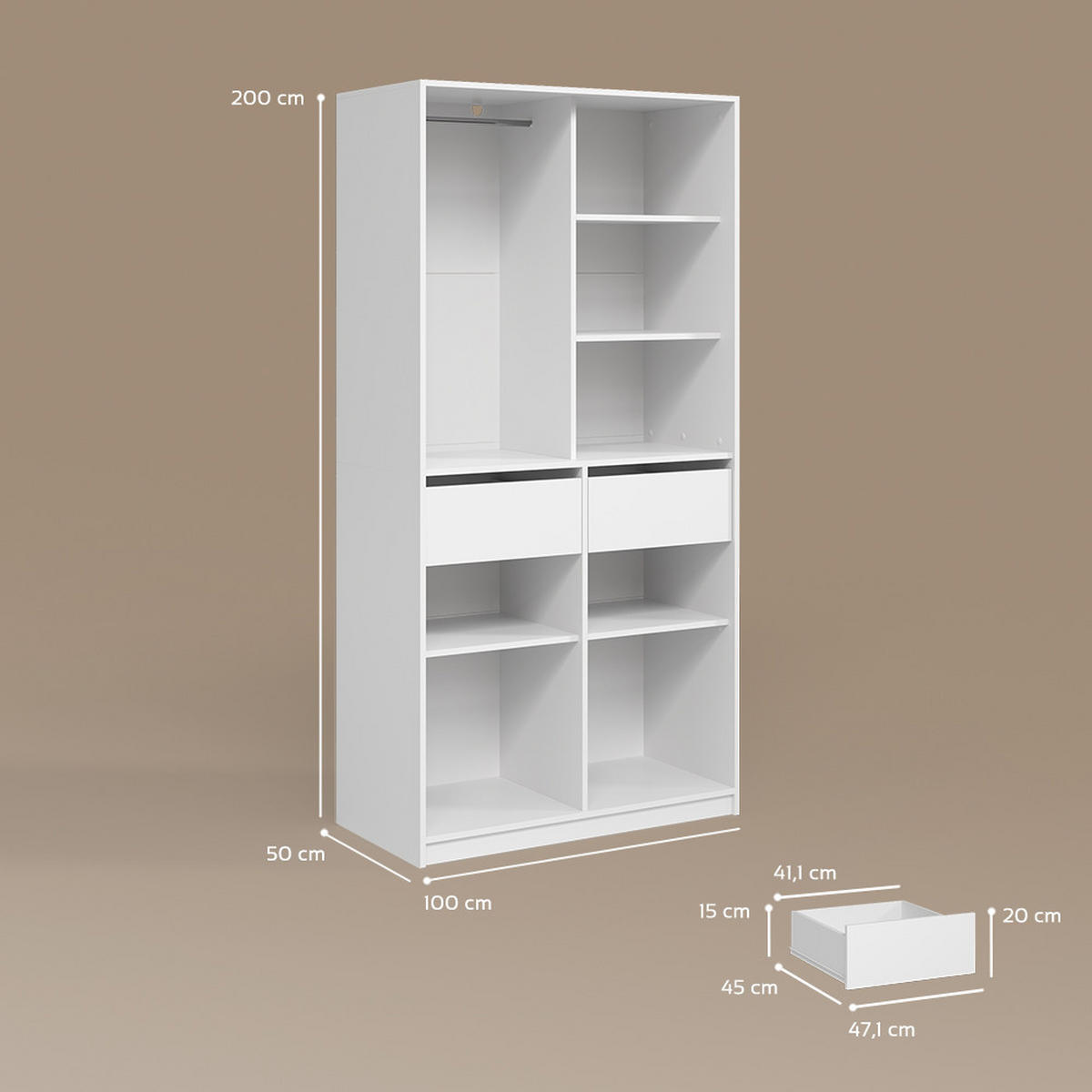 GARDEROBA Trento Bela z 2 predaloma - bela, leseni material (100/200/50cm) - Livinity®