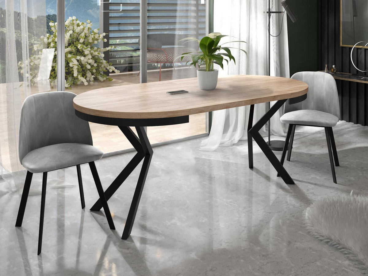 ESSTISCH Ross runder ausziehbarer, Sonoma Eiche 90-170/90/76 cm - Schwarz/Sonoma Eiche, Holzwerkstoff/Metall (90/90/76cm) - WFL GROUP