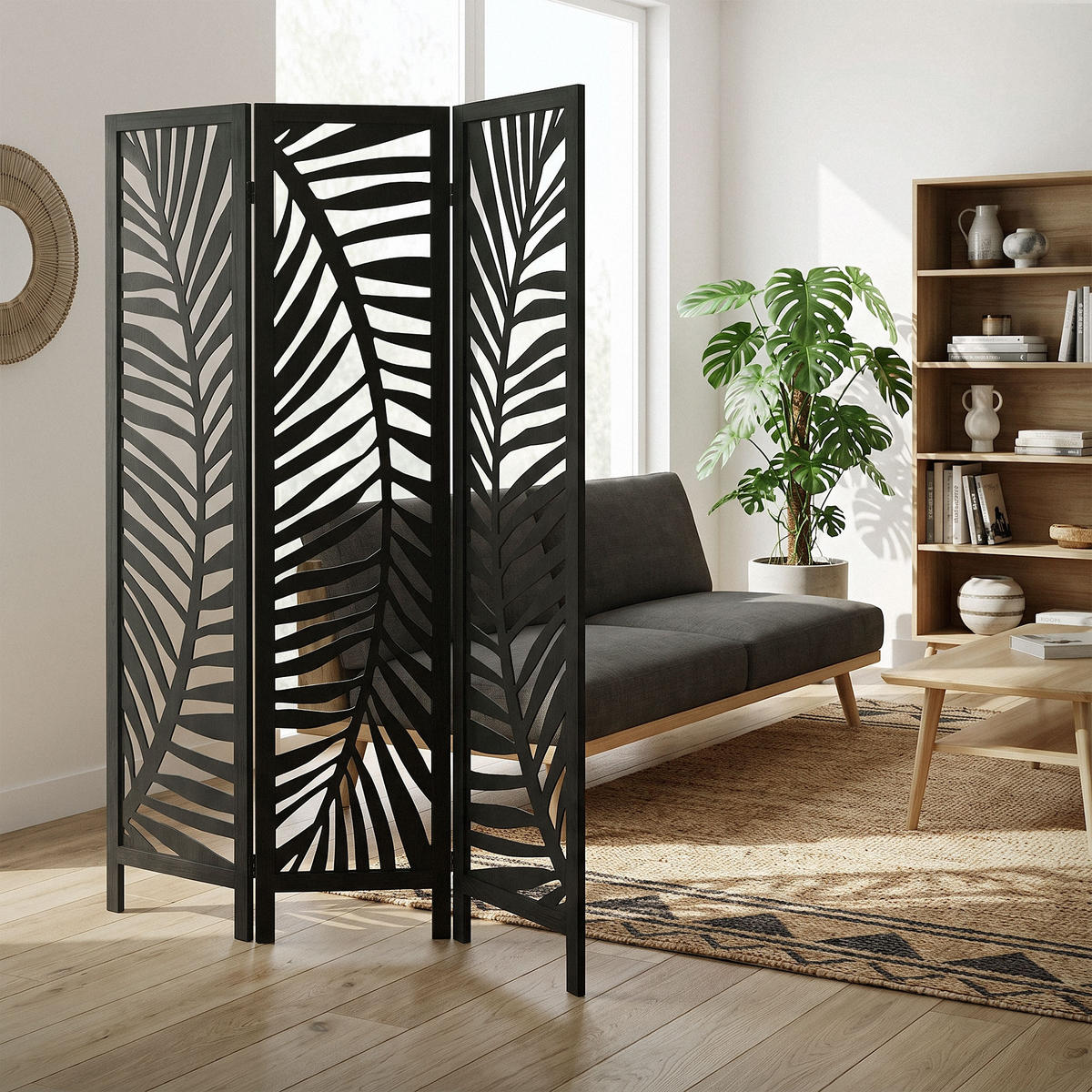 PARAVÁN, 3dílný, Fukuoka, 170 × 121 cm, černý, ze dřeva - černá, dřevo (121/170/2cm) - ML-DESIGN
