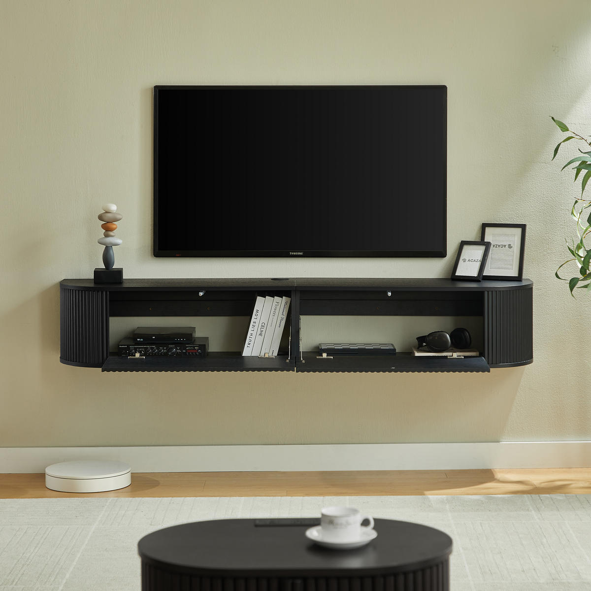 TV-SCHRANK 180/32/30 cm Naturholz mit Kabeldurchlass und Türen - Schwarz, Holzwerkstoff (180/30/32cm) - Oxeza