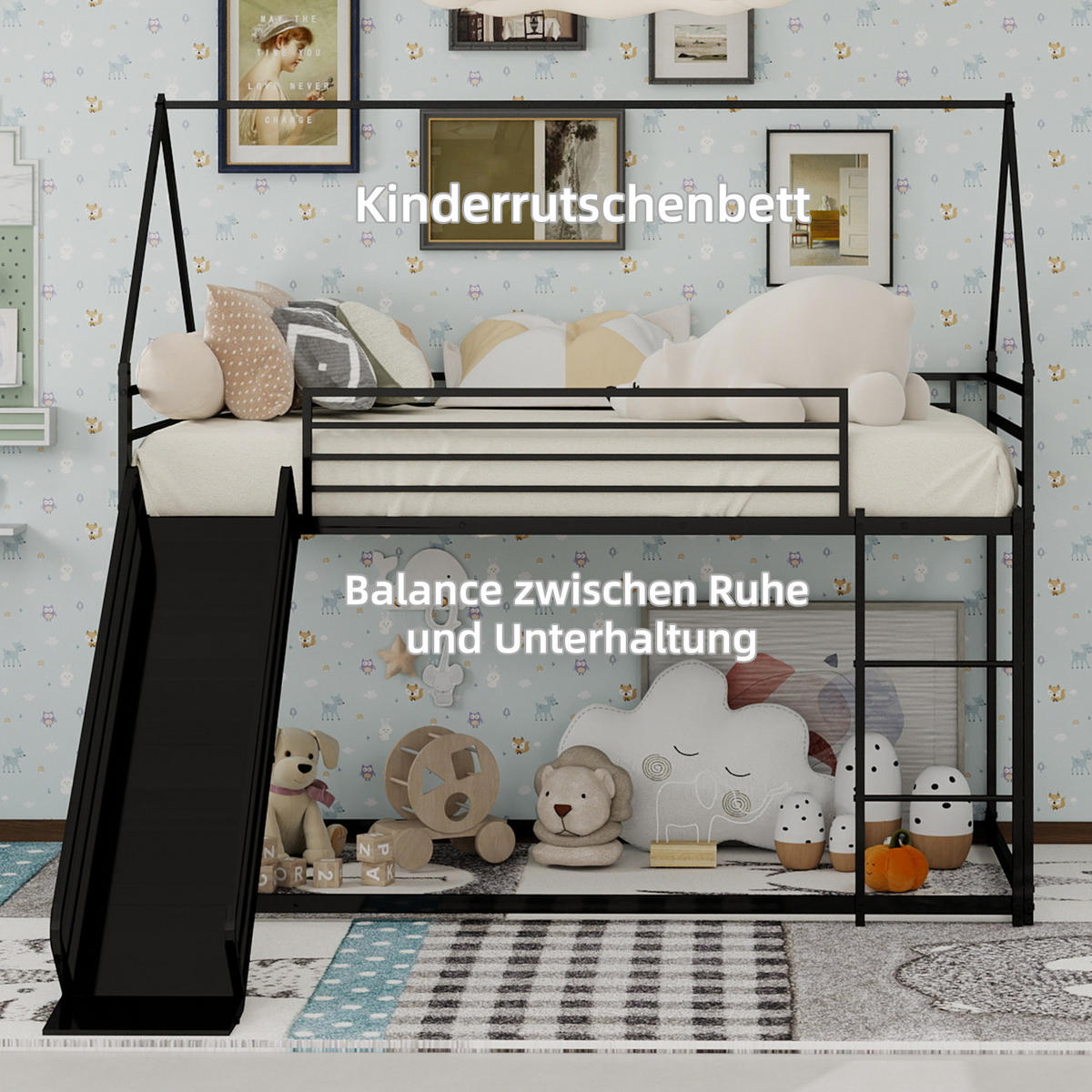ETAGENBETT in Schwarz Kinderbett mit Rutsche und Leiter im Hausbett-Design - Schwarz, Holzwerkstoff (90/190cm) - STILVORA