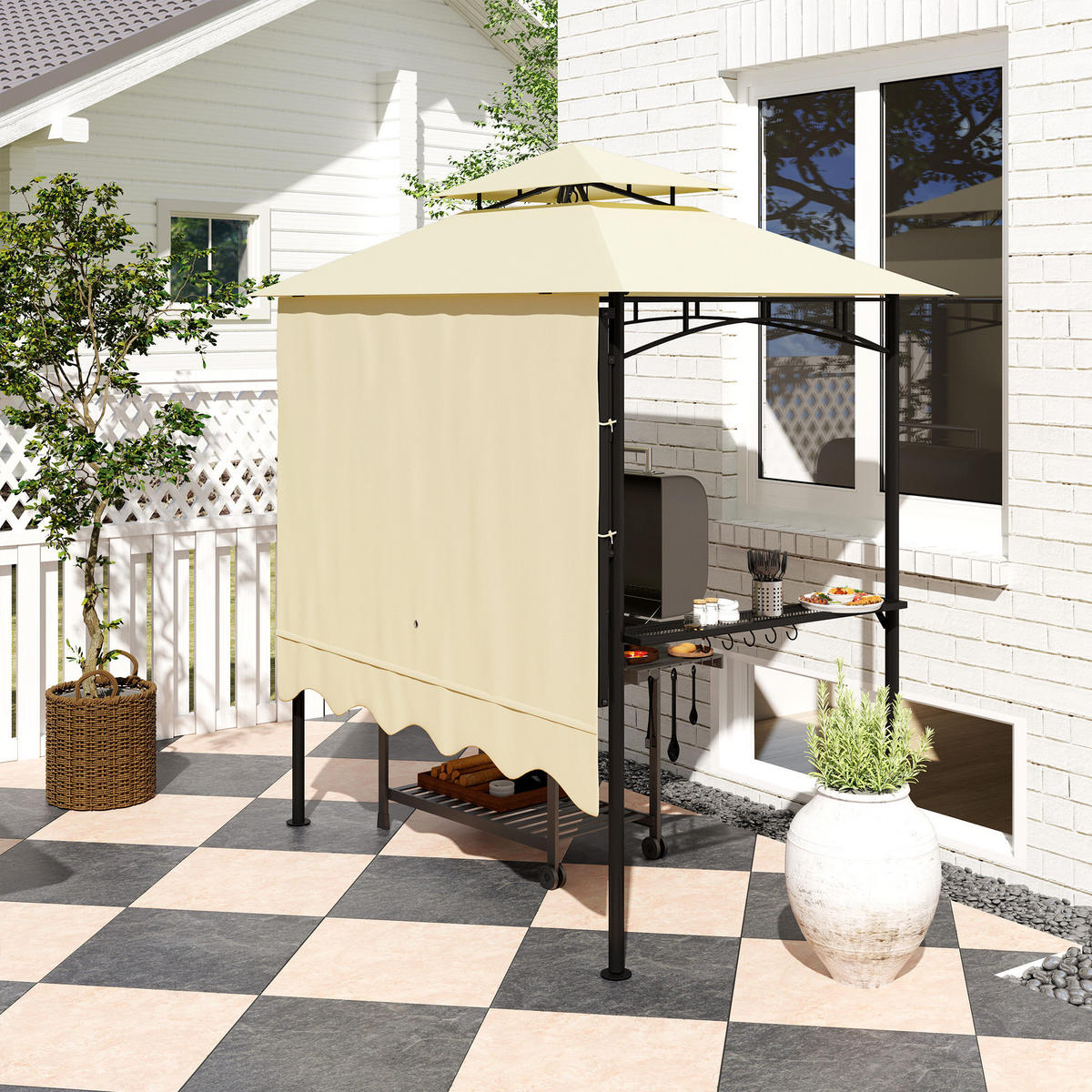 GRILLPAVILLON 242x232x248 cm wasserabweisend flammhemmend Gartenpavillon mit Doppelschichtdach Beige - Beige, Metall (242/248/232cm)