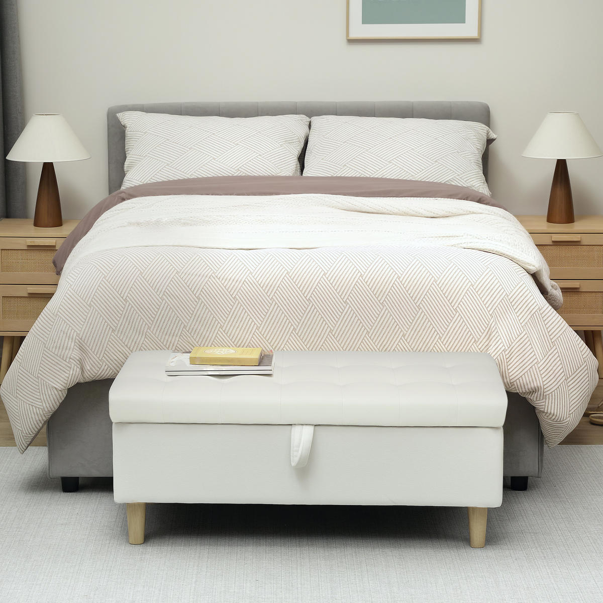 SITZBANK mit Stauraum Sitztruhe mit Samtoptik, Bettbank mit Holzbeine Creme - Creme/Naturfarben, Holz/Textil (50/43/115cm) - HOMCOM