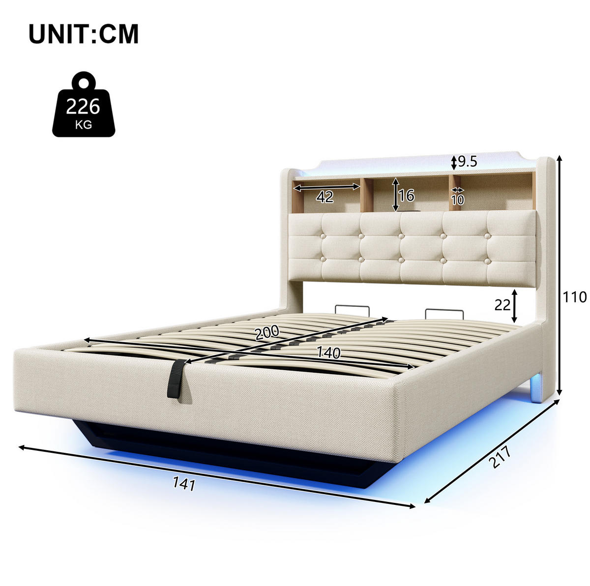 POLSTERBETT 140/200 cm mit LED-Lichtleiste, USB- und Typ-C-Anschlüssen, hydraulischem Stauraum und Staufächern, Beige - Beige, Textil (140/200cm) - Redom