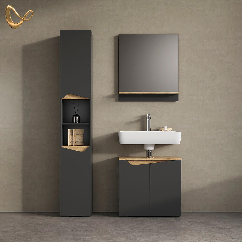 BADSPIEGEL Timavo Anthrazit 60 x 67 cm mit Regal - Anthrazit/Eiche Artisan, Holzwerkstoff (60/67/14cm) - Livinity®
