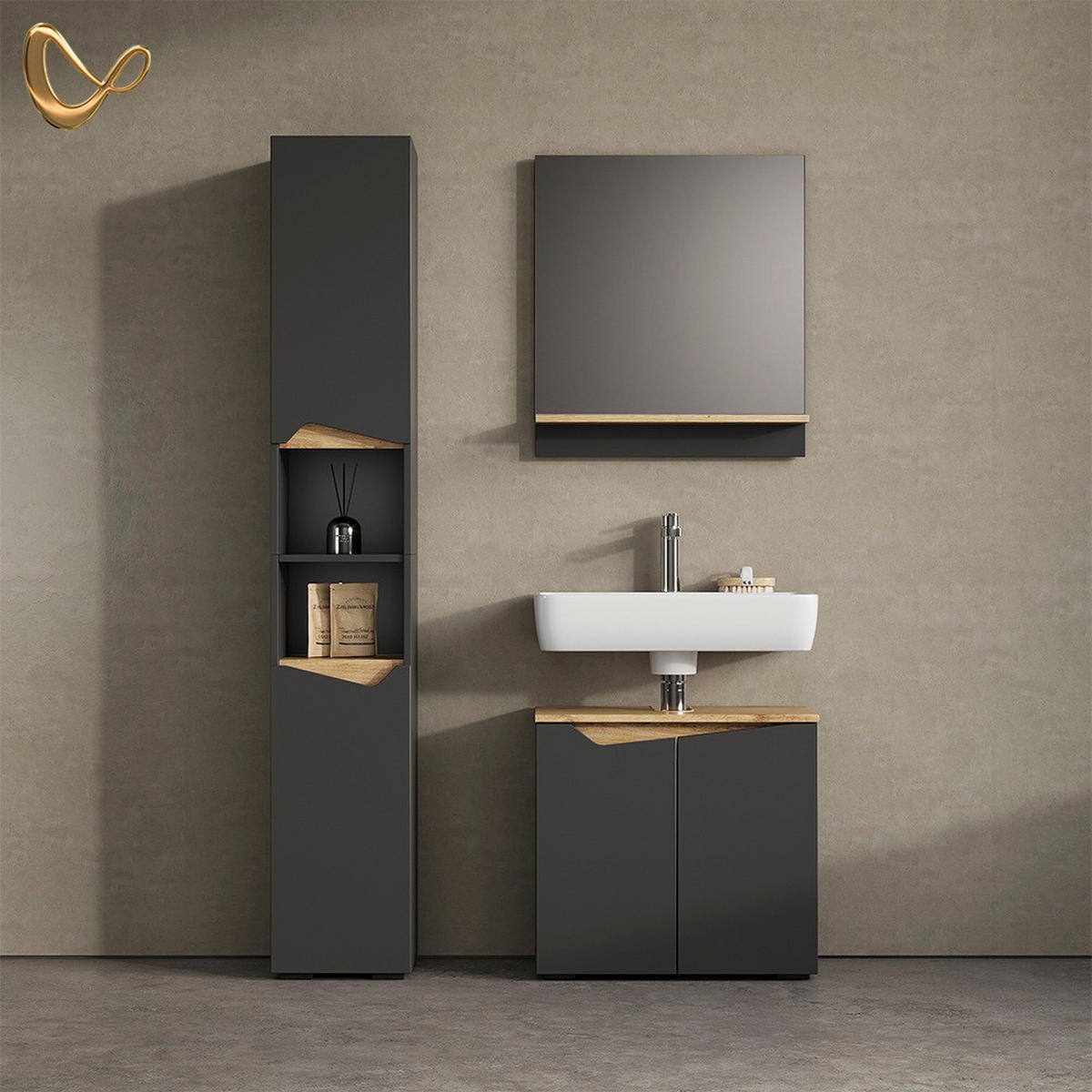 BADSPIEGEL Timavo Anthrazit 60 x 67 cm mit Regal - Anthrazit/Eiche Artisan, Holzwerkstoff (60/67/14cm) - Livinity®