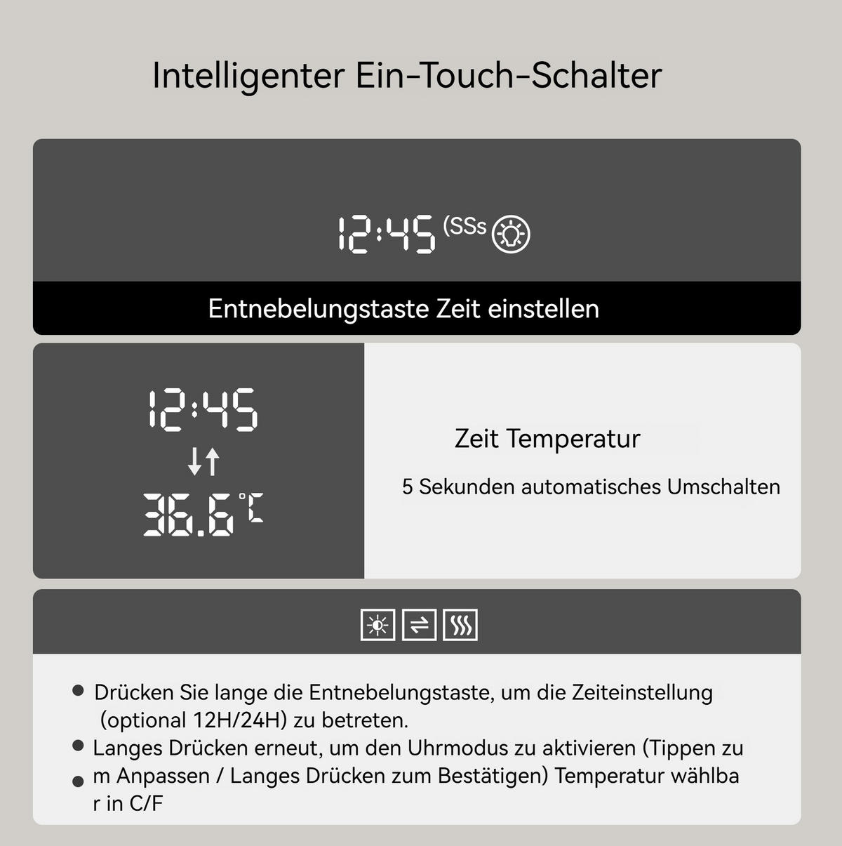 LED Badezimmerspiegel 120x70x3cm Schwarz-Silber,dimmbar,3 Farben,mit Entspiegelung & Temperatur-Anzeige - Silberfarben, Glas (3/120/70cm) - Modfu