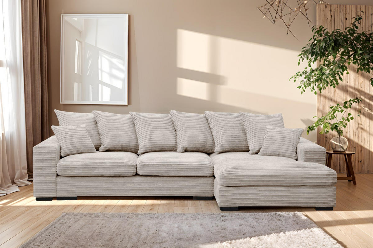 ECKSOFA Mit Schlaffunktion Und Bettkasten Couch L-form Gabon Stoff Zoom Perle Rechts - Ecru, Holz (285/155cm) - Kaiser Möbel