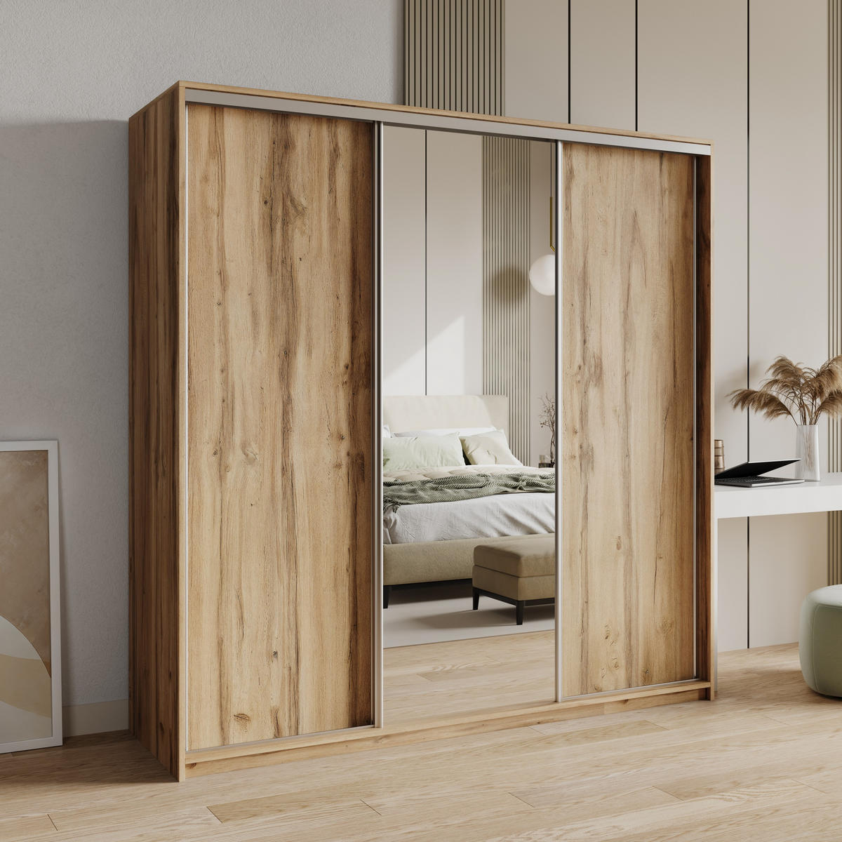 SCHWEBETÜRENSCHRANK TAVI 200/205/60 cm 3-türig mit Spiegel Eiche Wotan - Eiche Wotan, Holzwerkstoff (200/205/60cm) - MASSENO