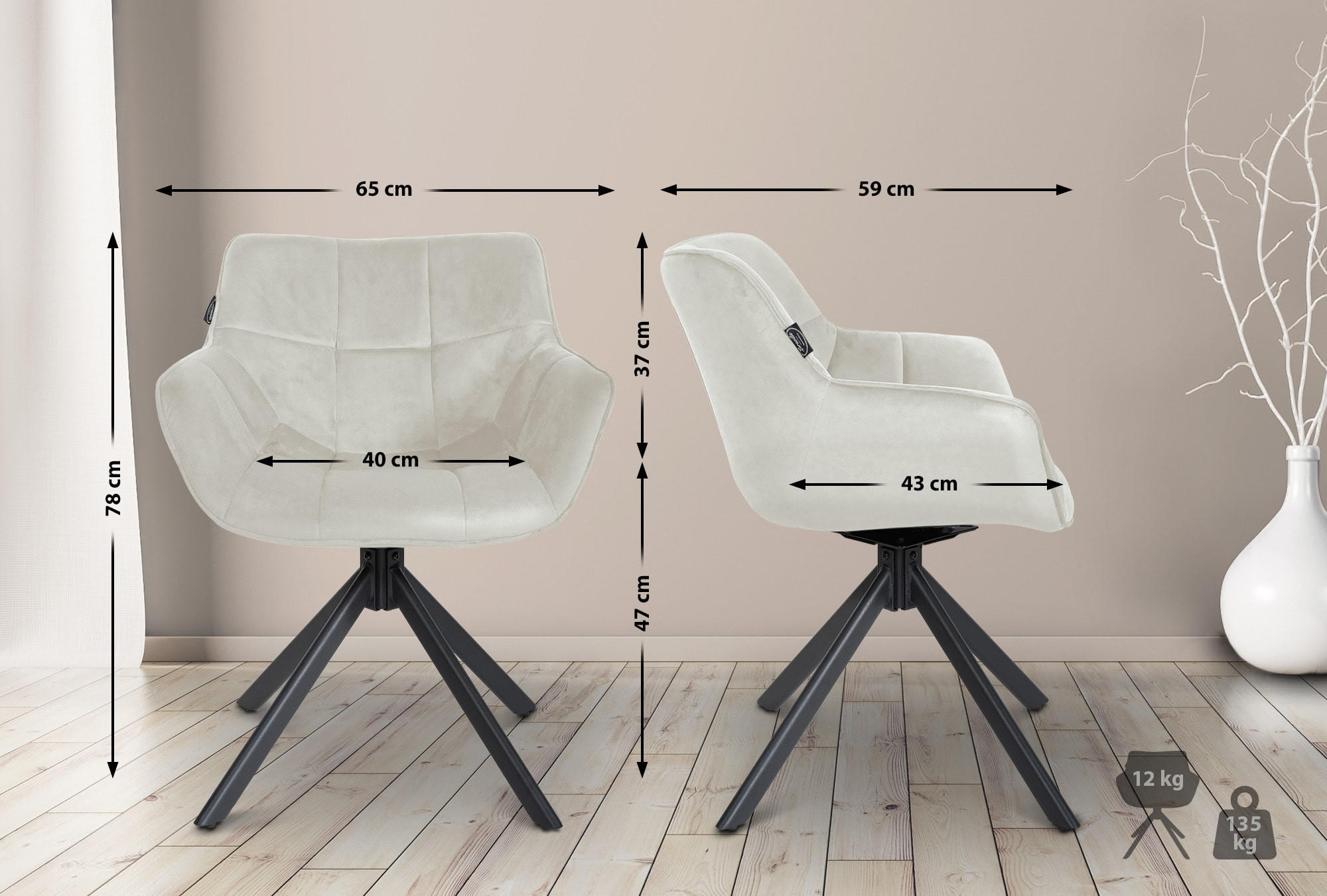 STUHL Samt creme - Creme/Schwarz, Textil/Metall (65/78/59cm) - CLP