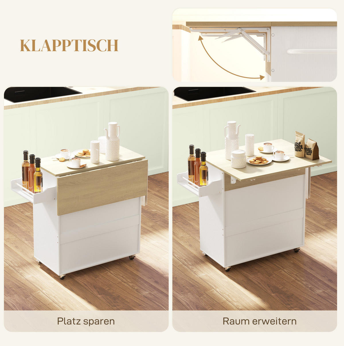 KÜCHENINSEL 106/42/87 cm aus MDF mit klappbarer Arbeitsplatte Weiß - Weiß, Holzwerkstoff (106/87/42cm) - Modenvie