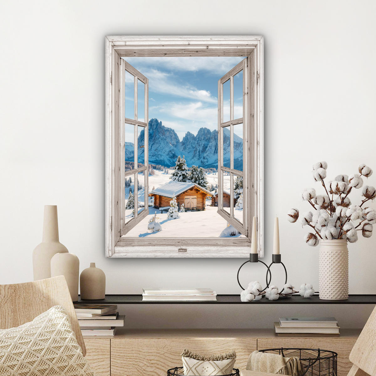 LEINWANDBILD Winterlandschaft - Hütte - Berge - Ausblicke - Aussicht - Natur Wandbild Wohnzimmer 60x80 cm - Weiß Hochglanz, Textil (60/80cm) - MuchoWow