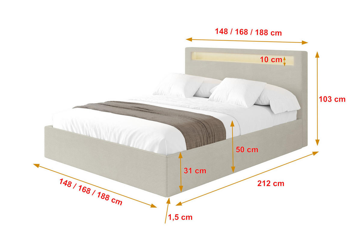 POLSTERBETT mit Bettkasten und Lattenrost, Boxbett ohne Matratze - GOLA 180x200 Creme - Creme, Holzwerkstoff/Textil (180/200cm) - ALTDECOR