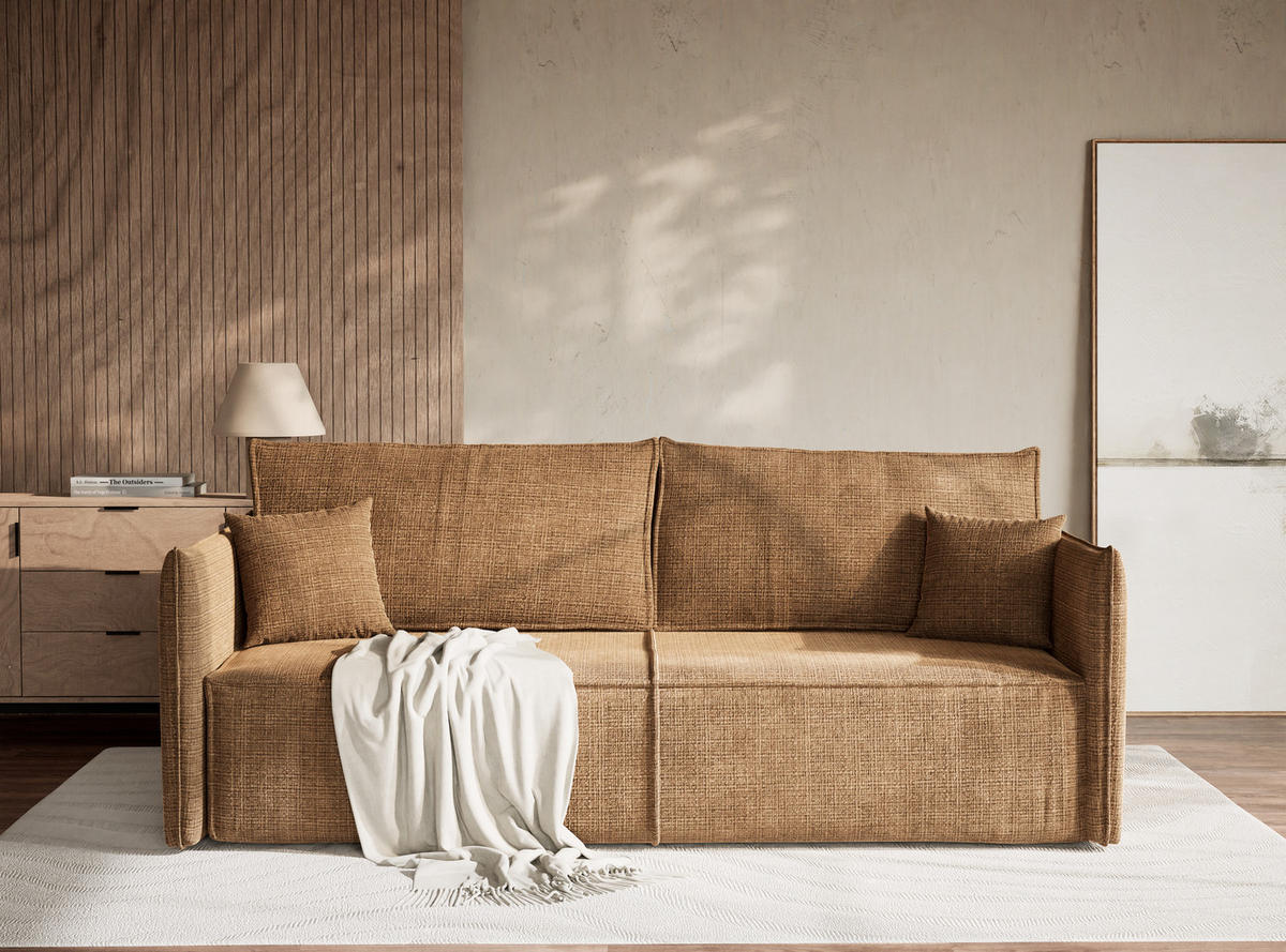 SOFA MIT SCHLAFFUNKTION Obra Hellbraun Chenille-Stoff - Hellbraun/Schwarz, Holz/Holzwerkstoff (220/70/107cm) - Maison de Reve