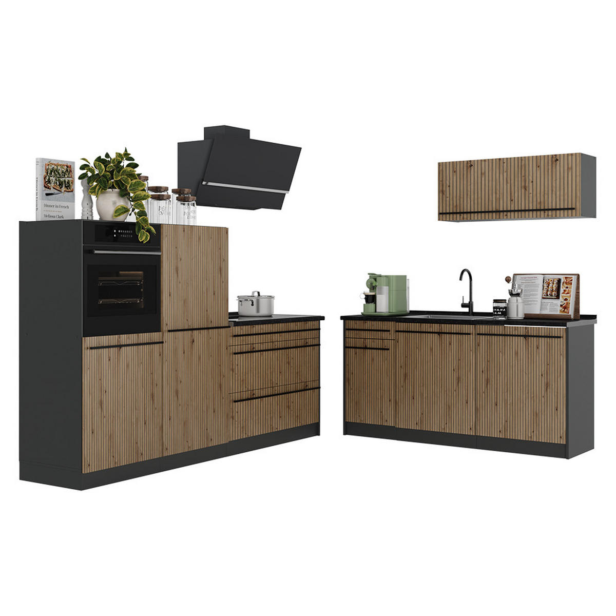 KUCHYŇSKÝ KOUT R-Line, Řemeslný dub/Antracit, 220 cm pracovná doska Mramor - antracitová/dub artisan, kompozitní dřevo (220/143/60cm) - Vicco